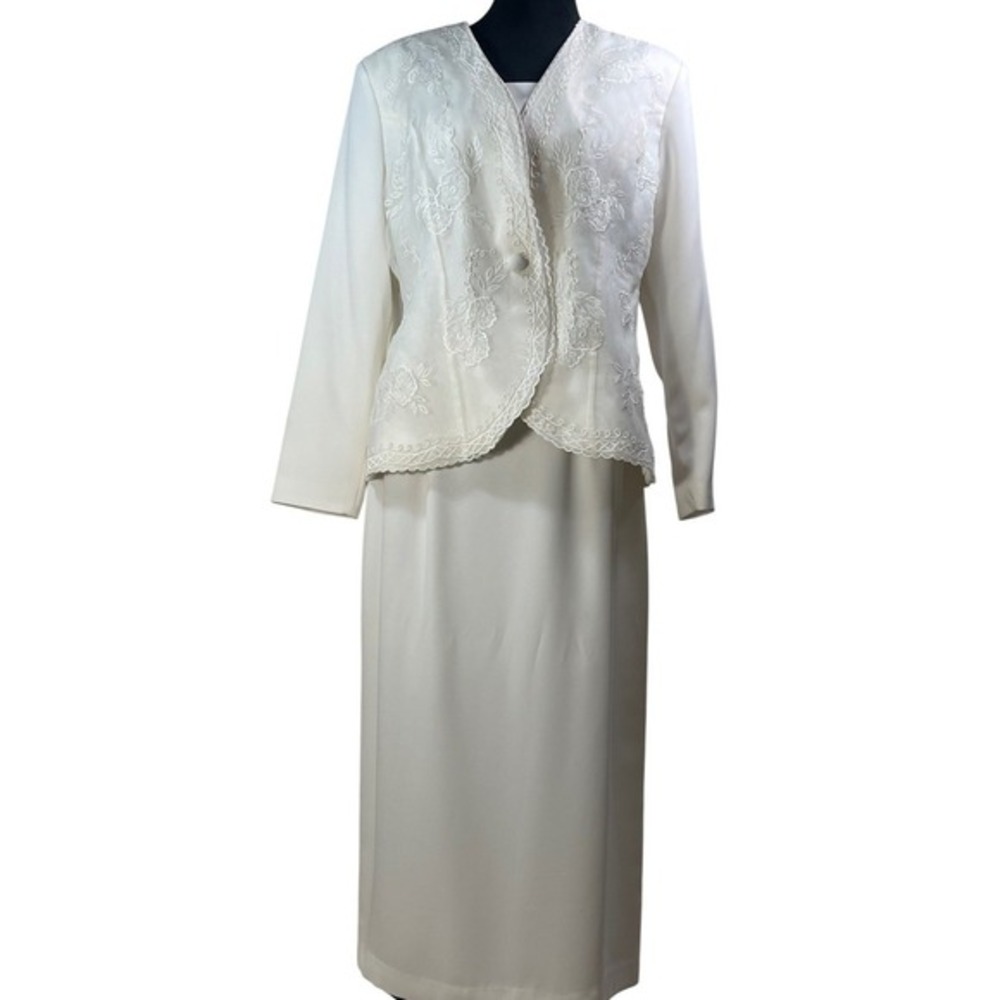 Justin Taylor Ivory Embroidered 2pc Skirt Suit Jacket Maxi Skirt Cream 16 MOB